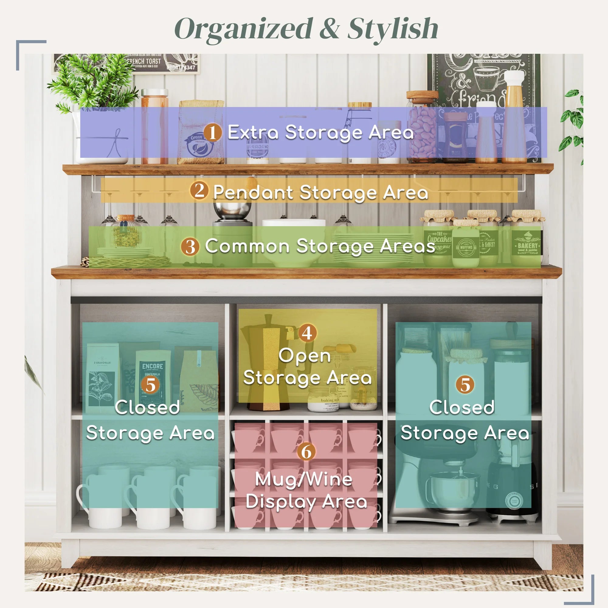 HOMCOM Farmhouse Coffee Bar Cabinet with Smart App Control LED Lights, 55" Wine Bar Cabinet with 12-Bottle Rack, Glass Holder, Kitchen Sideboard Buffet with Sliding Mesh Doors, Distressed White