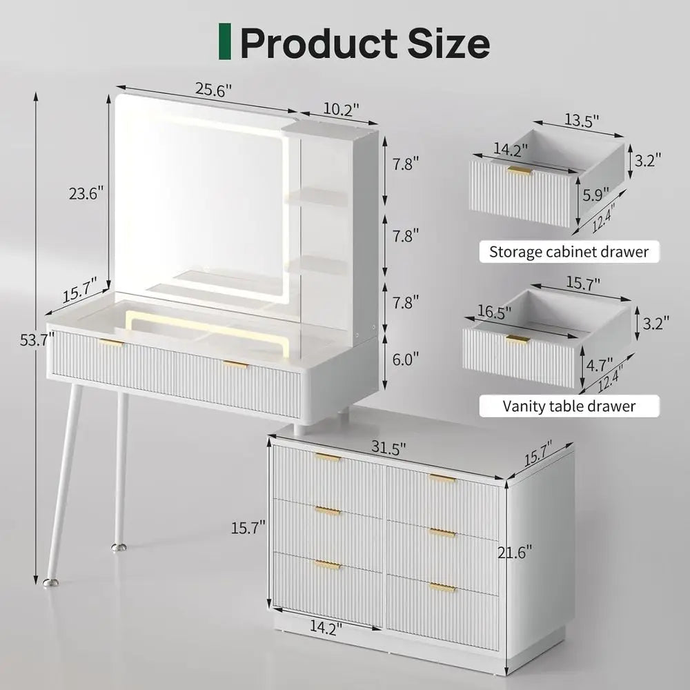65-Inch White LED Makeup Vanity with Mirror – Glass Top, 8 Drawers & Storage Shelves for Bedroom