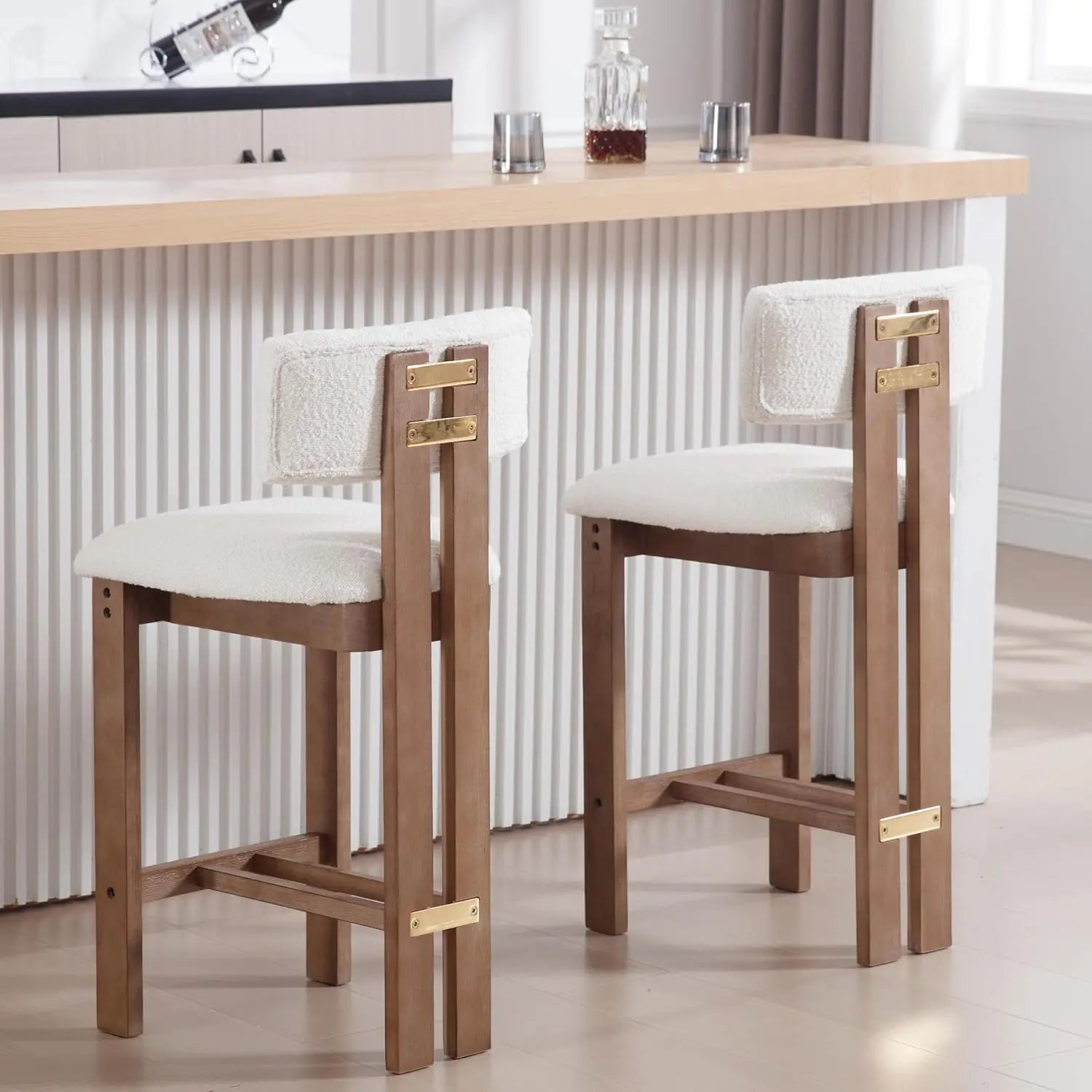 26 Inch Farmhouse Bar Stools Set of 4 Sherpa Upholstered Kitchen Stool Wood Legs Boho Pub Stools with Back Modern, Customized