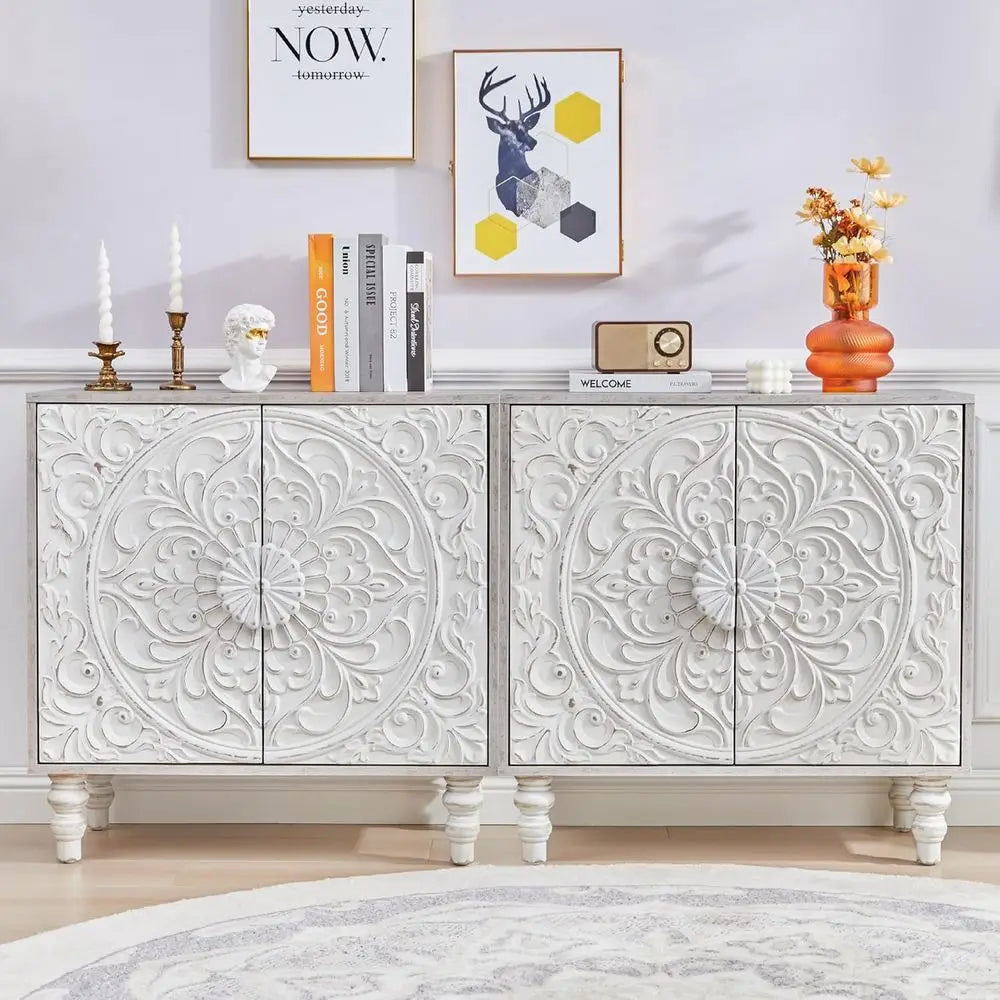 French-Style Vintage Sideboard Cabinet, 62 Wide, with 2 Carved Doors for Living, Hallway, Dining Rooms