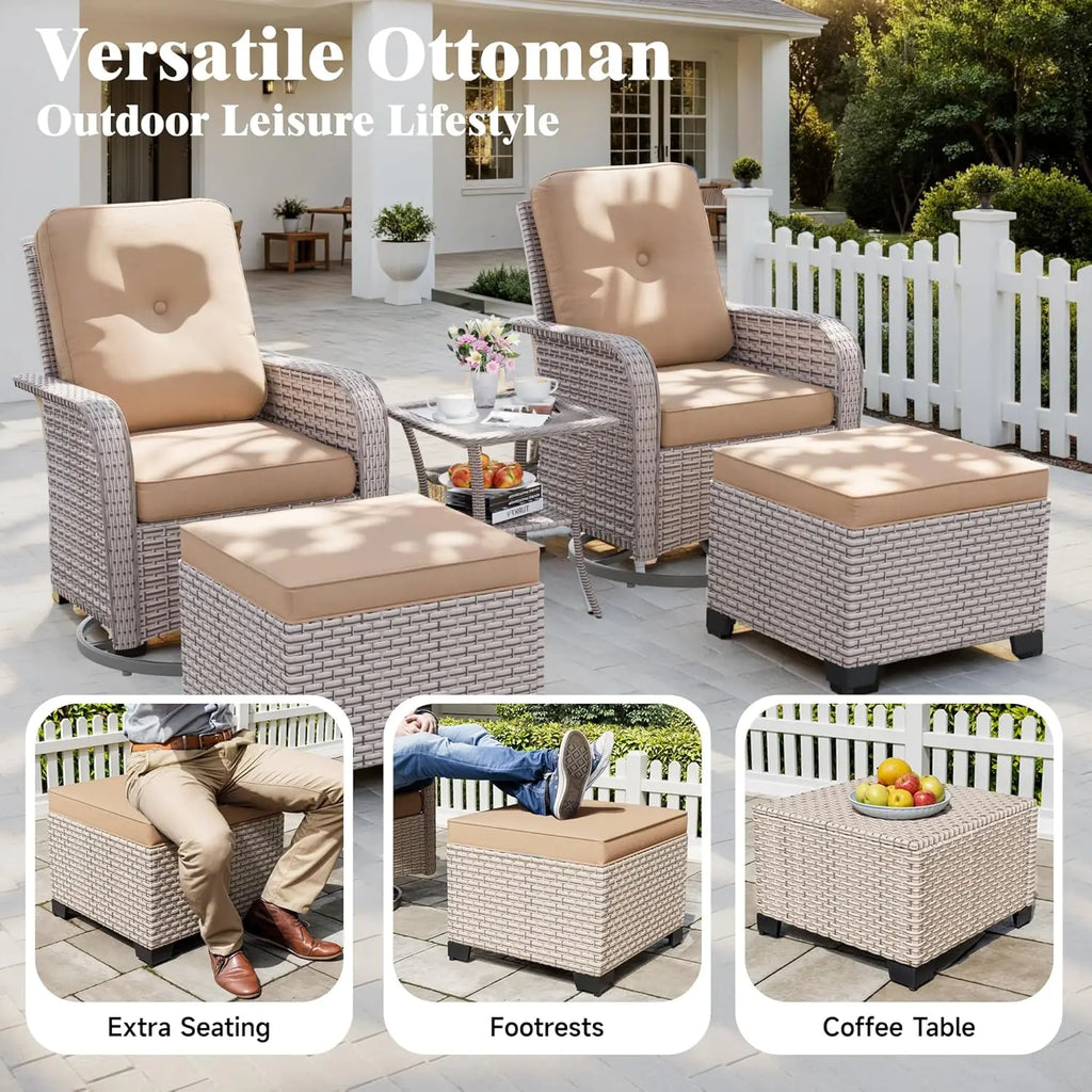 5 Pieces Patio Furniture Set with 2 Ottomans, Outdoor Swivel Glider Rocker Chairs with Rattan Side Table, Wicker, Customized