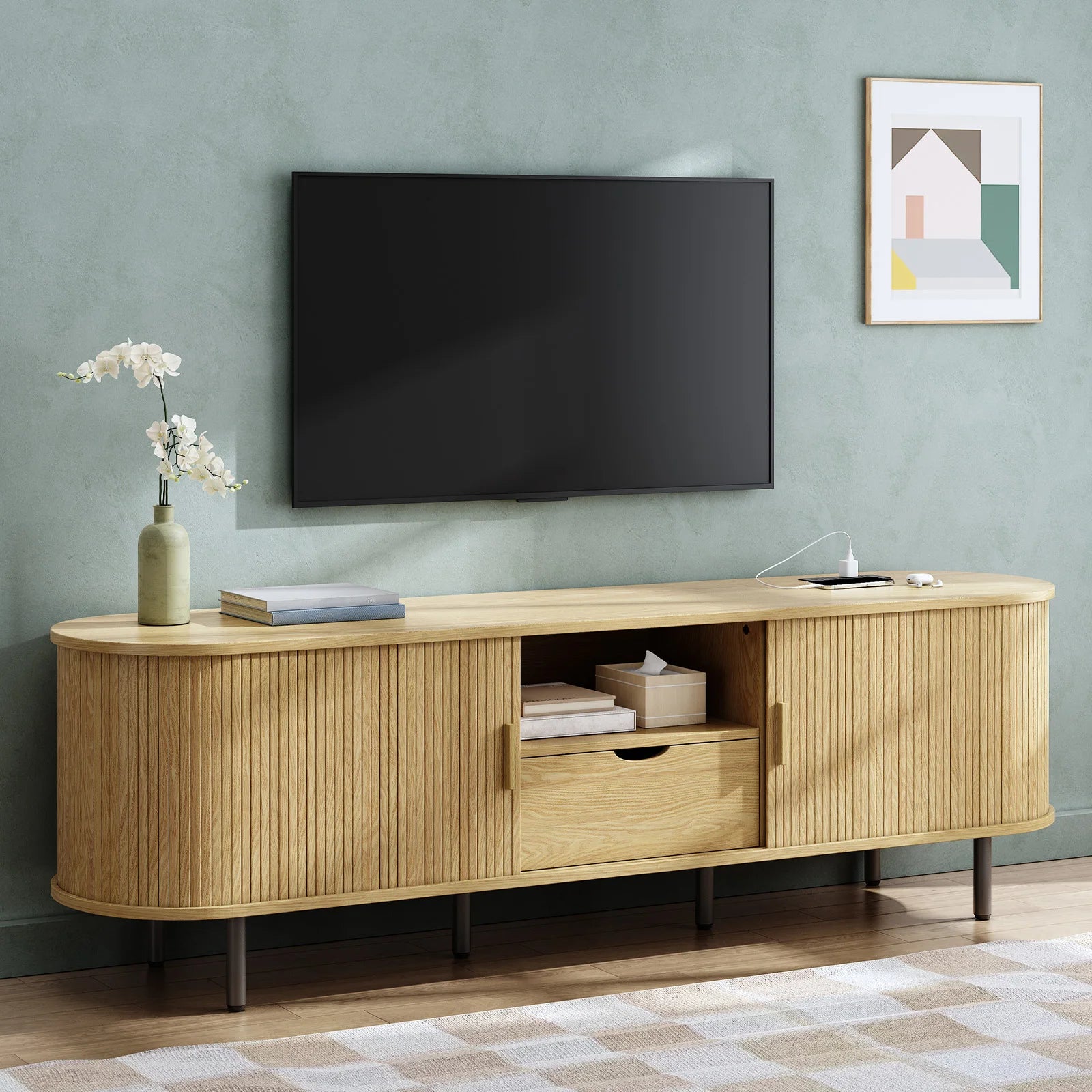 69" TV Stand W/ Power Outlet for Tvs up to 80",Entertainment Center W/ Storage & Drawer,Tv Console W/ Adjustable Shelves