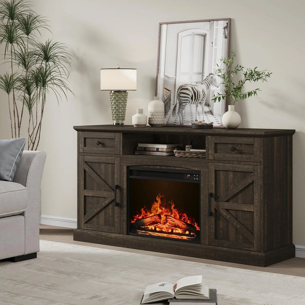 Brand Farmhouse Fireplace Entertainment Center for Tvs up to 70 Inches, Media Console Table with 23-Inch Electric Fireplace, Drawers and Storage