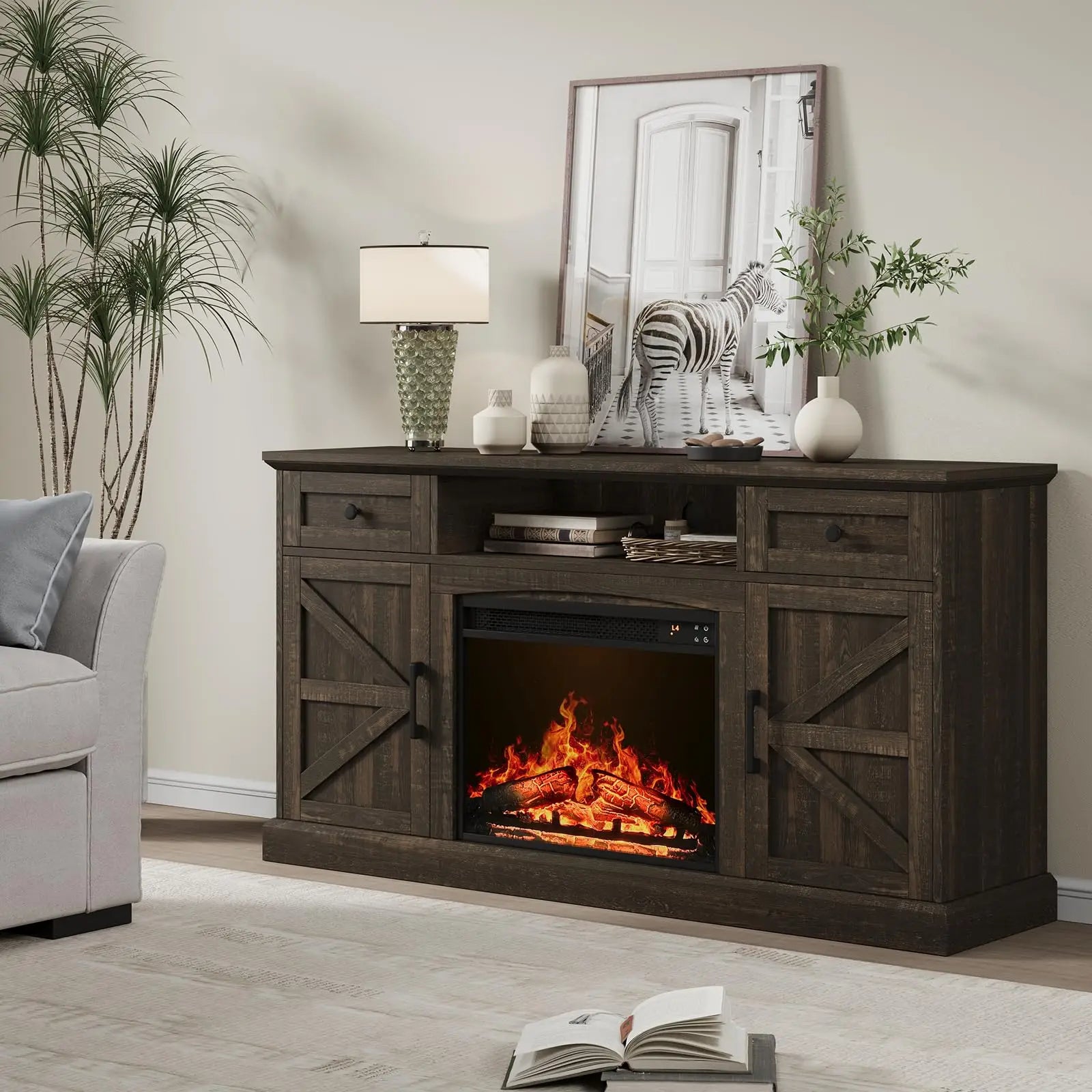 Brand Farmhouse Fireplace Entertainment Center for Tvs up to 70 Inches, Media Console Table with 23-Inch Electric Fireplace, Drawers and Storage