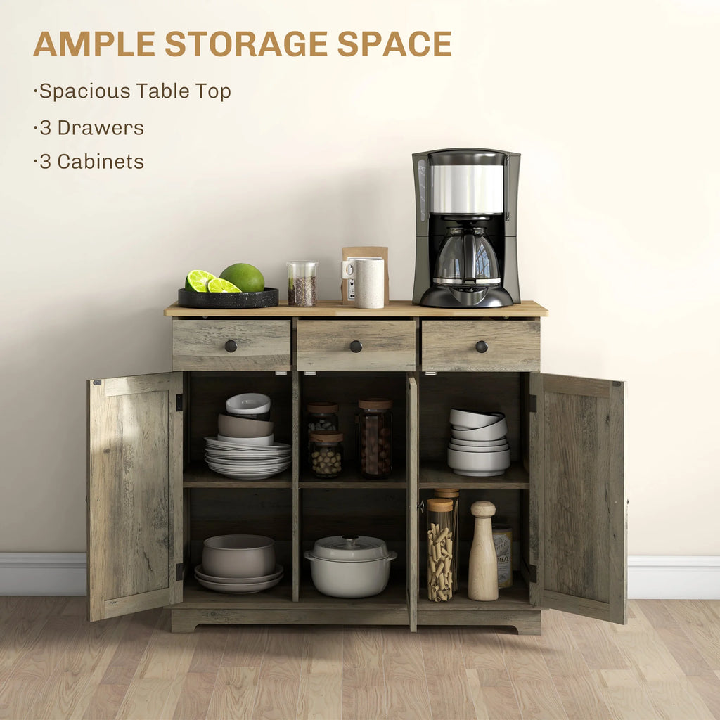 Sideboard Buffet Cabinet with Solid Wood Countertop, Modern Kitchen Storage Cabinet, Coffee Bar Cabinet with 3 Drawers, Doors and Adjustable Shelf, Distressed Gray