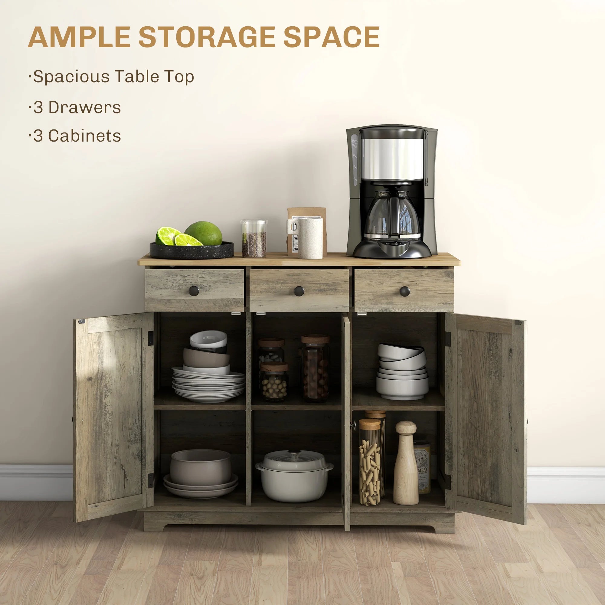 Sideboard Buffet Cabinet with Solid Wood Countertop, Modern Kitchen Storage Cabinet, Coffee Bar Cabinet with 3 Drawers, Doors and Adjustable Shelf, Distressed Gray