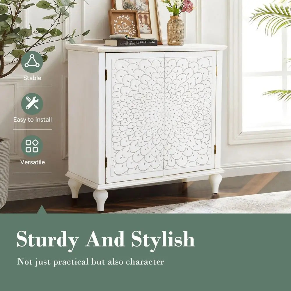 Vintage White Carved Wooden Storage Cabinet for Entryway, Dining, or Living Room