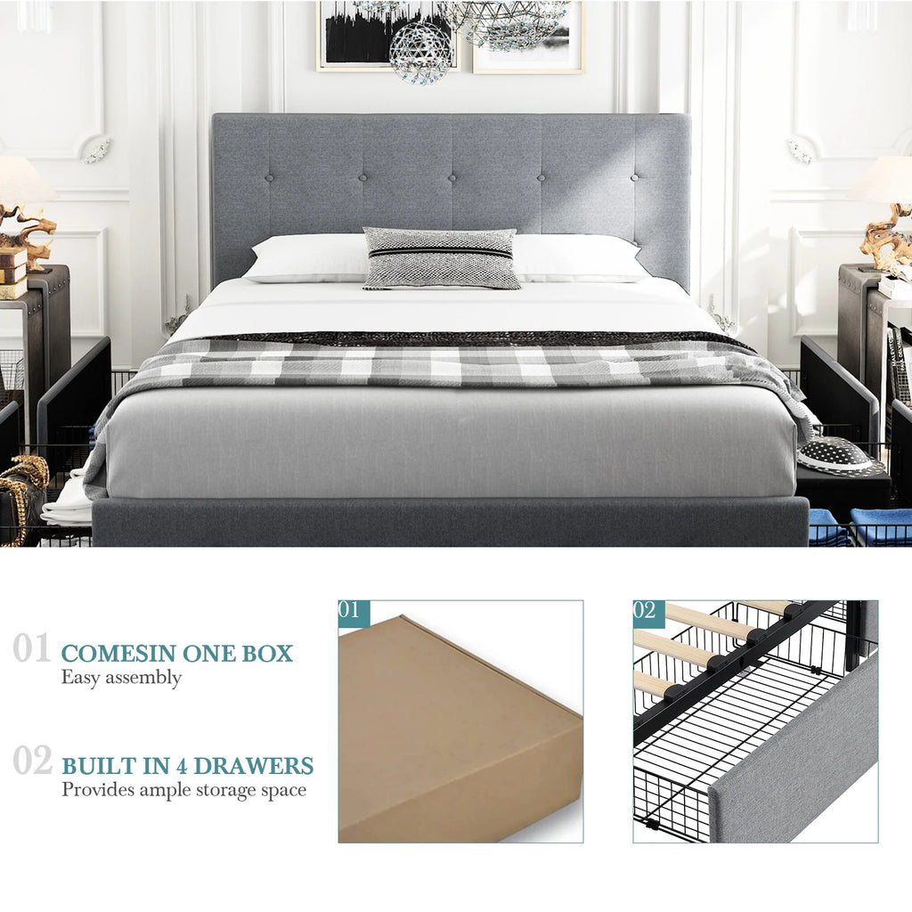Platform Storage Bed Frame with 4 Drawers, Adjustable Headboard with Square Stitched Button Tufted Design Allewie