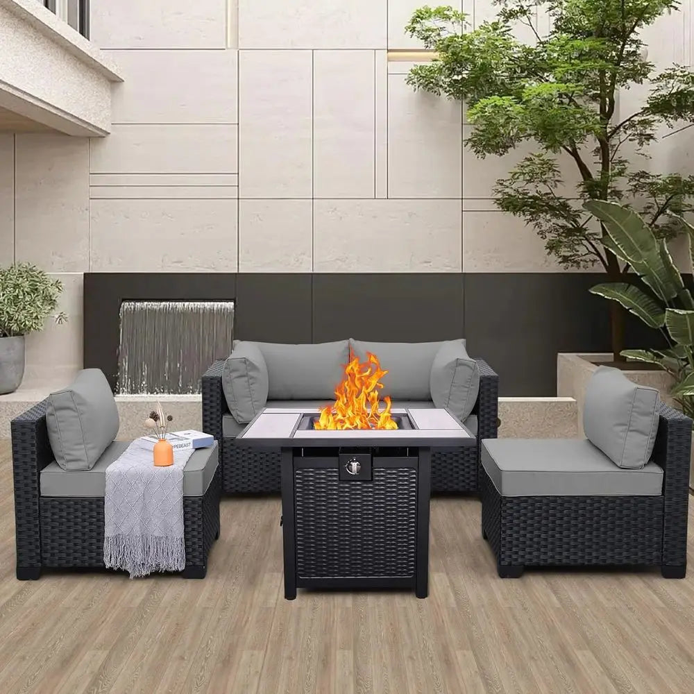 5-Piece Outdoor Patio Furniture Set with Grey Cushions, Black Rattan Wicker Sectional Sofa, Resin Couch, and Propane Fire Pit Ta