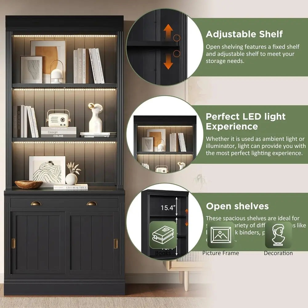 83.4 High Black Led-Lit Bookshelf, 2 Modern Wood Bookcases with Sliding Doors, Storage Shelves for Living Room & Home Office (Bl