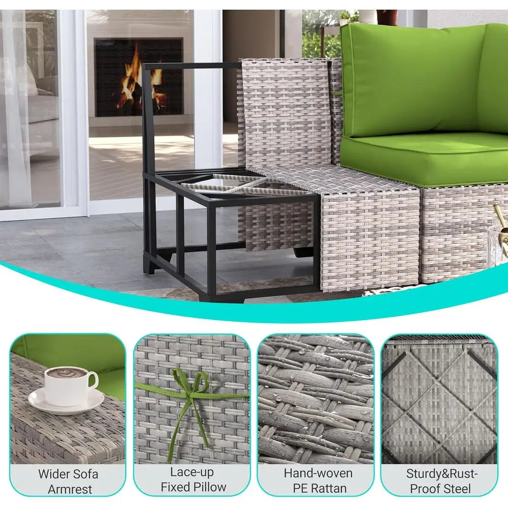 6-Piece Outdoor Patio Wicker Sectional Sofa Set with Cushions for Garden, Backyard, Poolside in Avocado Green
