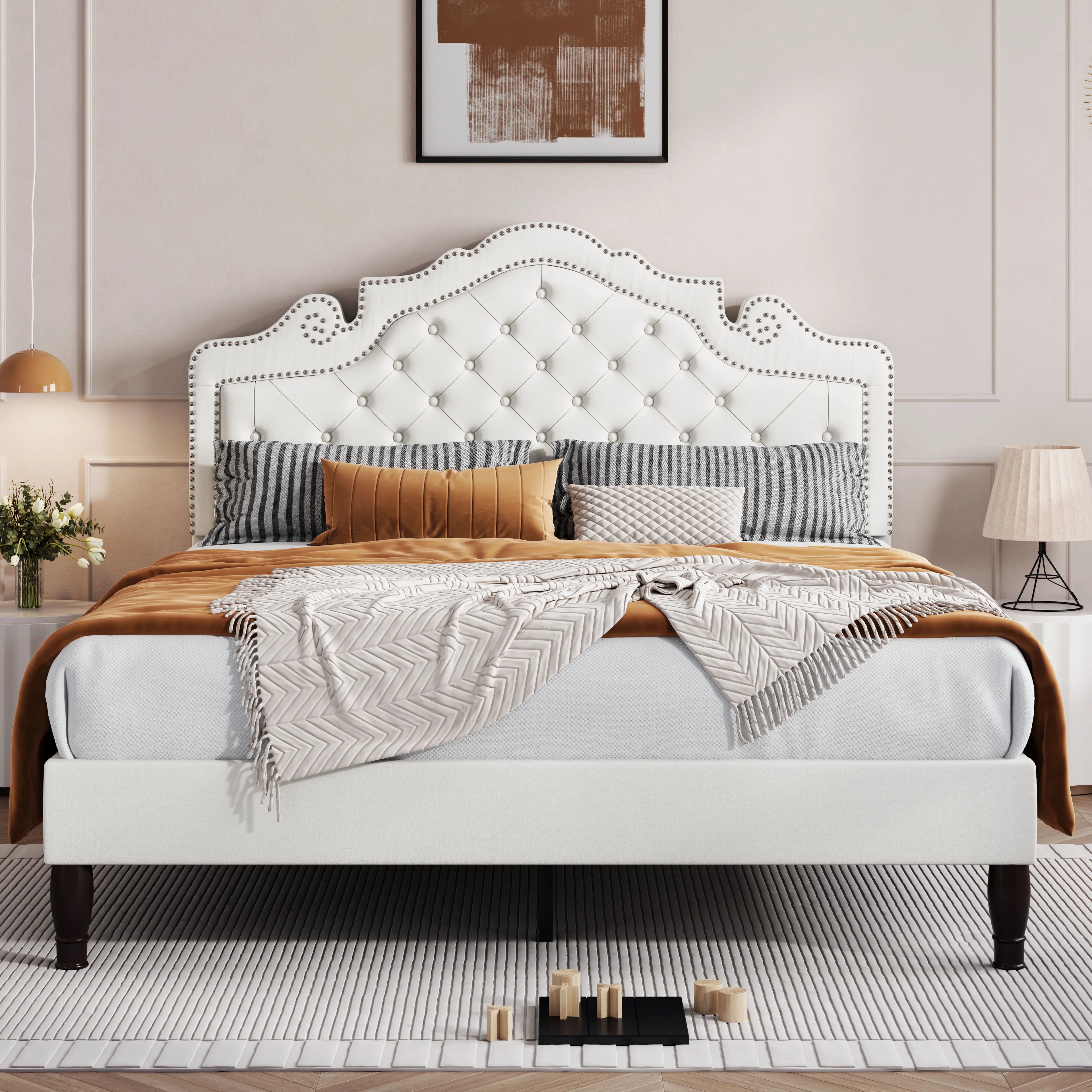 Bed Frame with Adjustable Velvet Tiara Headboard, Upholstered Diamond Button Tufted Platform Bed, Wood Slats Support,
