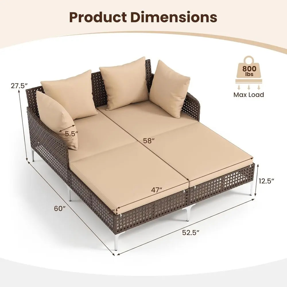 Outdoor Double Chaise Lounger with Cushions and Pillows for Patio, Garden, and Poolside (Beige, 27.5''H)