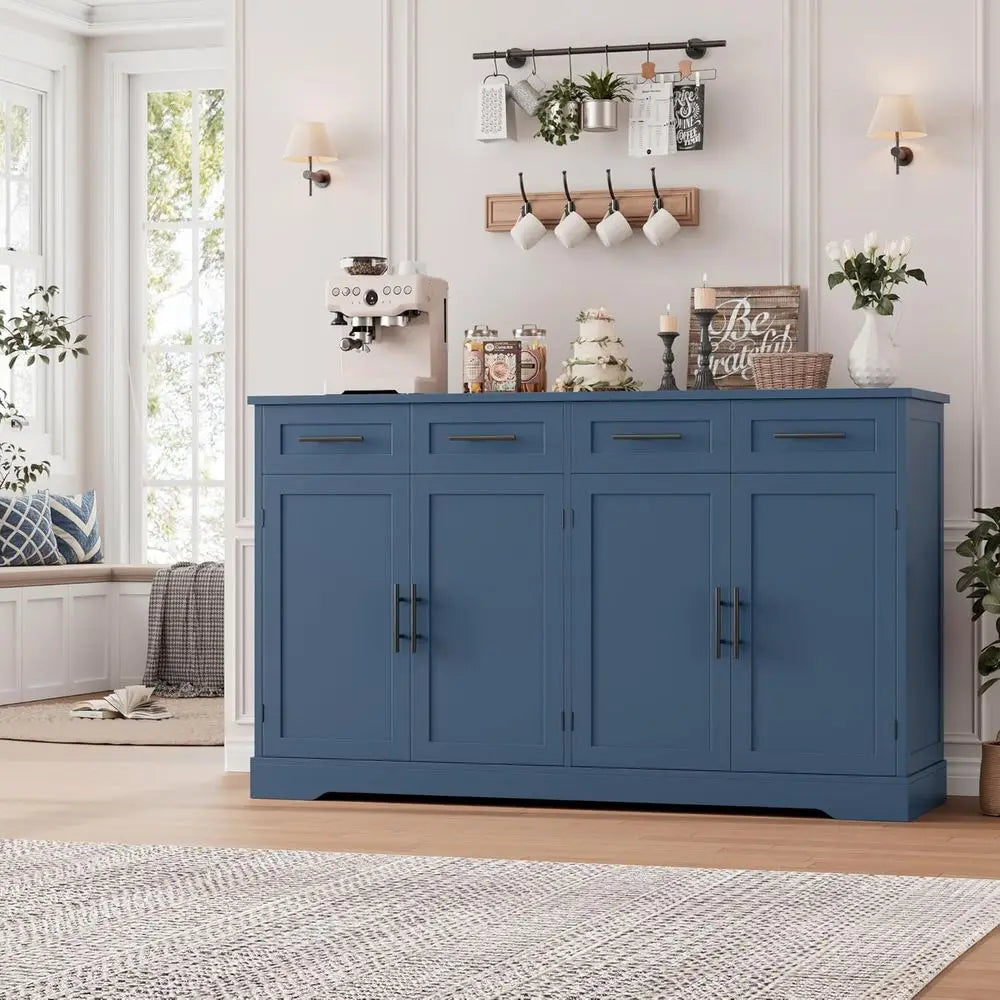 60 High Large Sideboard with Storage, 36 Tall Kitchen Buffet Cabinet with 4 Drawers, Elegant Coffee Bar Cabinet with Black Handl