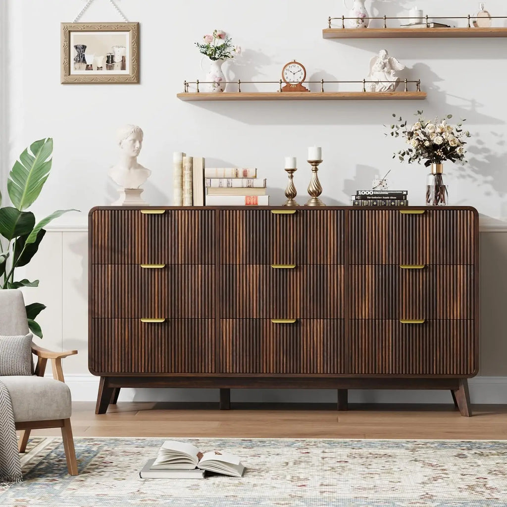 Fluted 59.1" Wide Modern Dresser for Bedroom with 9 Drawers, Tall Chest of Drawers with Metal Handle, Wooden, Customized
