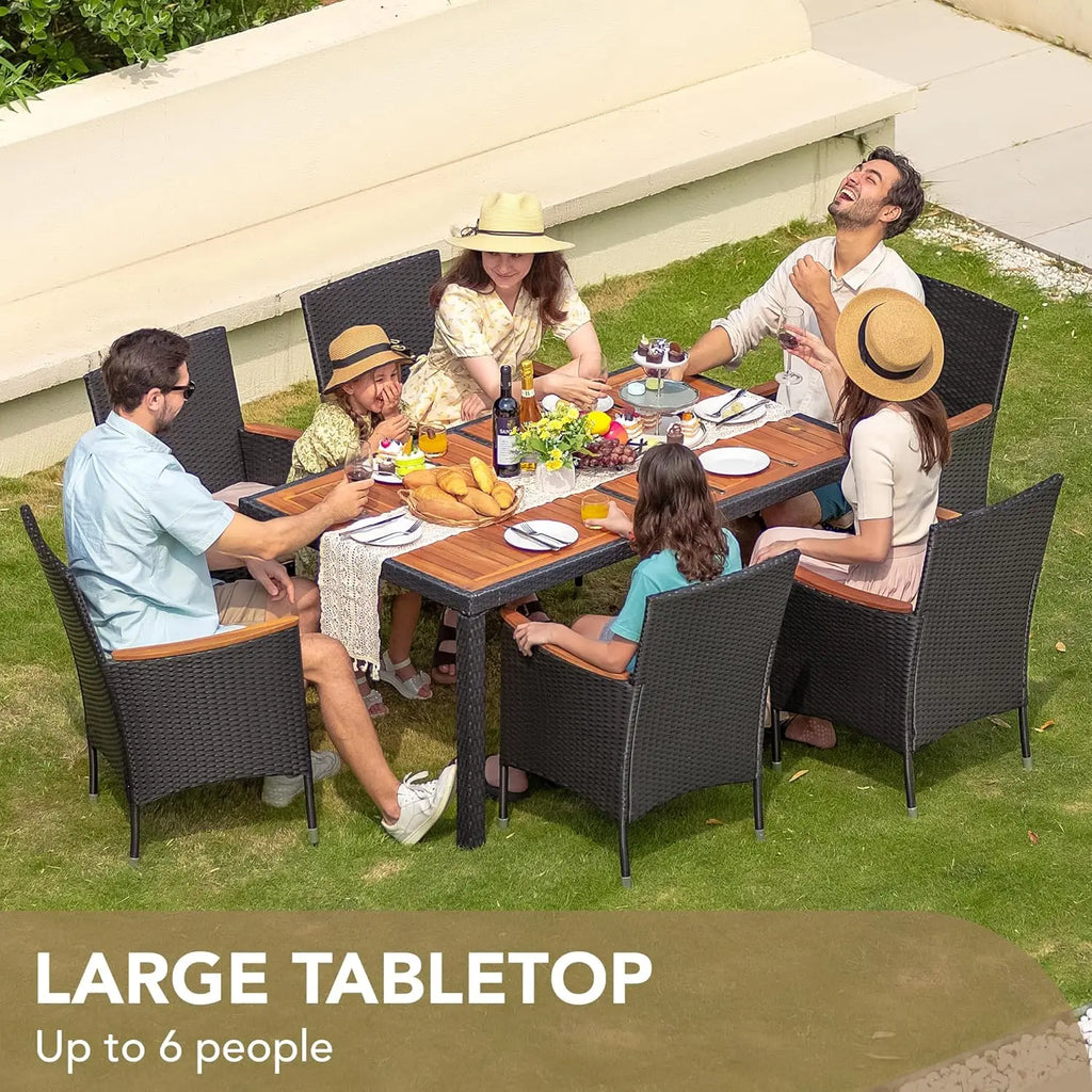 Dining 7 PCS Furniture, Patio Conversation Set with Acacia Wood Table Top, Outdoor, Beige Cushion and Black Rattan, Customized