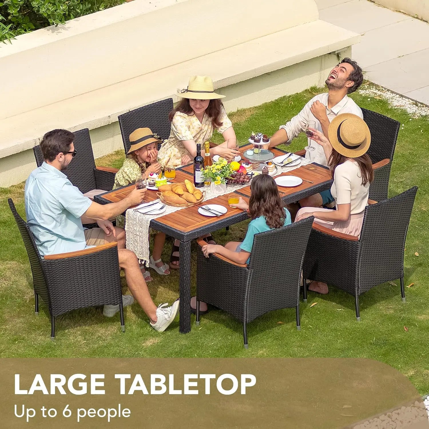 Dining 7 PCS Furniture, Patio Conversation Set with Acacia Wood Table Top, Outdoor, Beige Cushion and Black Rattan, Customized