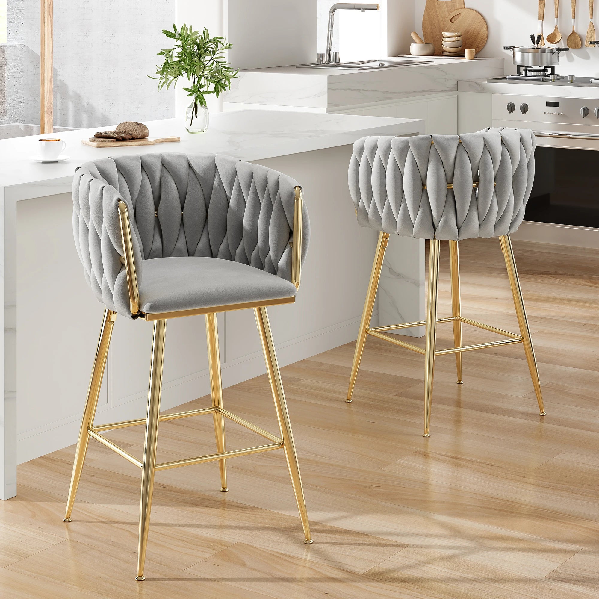 Set of 2 26" Bar Stools, Modern Mid-Century Kitchen Stools with Back, Metal Legs, for Kitchen, Dining Room