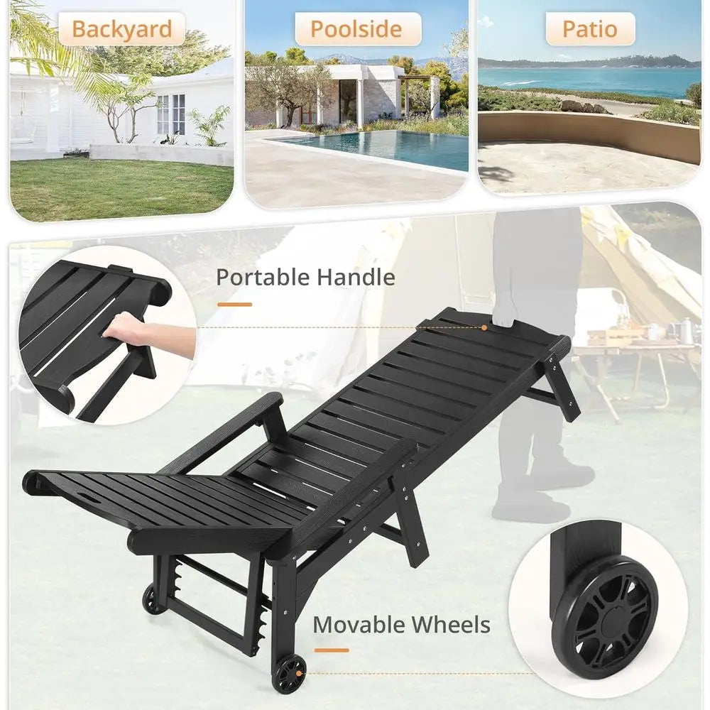 2-Piece Outdoor Pool Lounge Chairs with Adjustable Backrest, Wheels & Side Table – Black