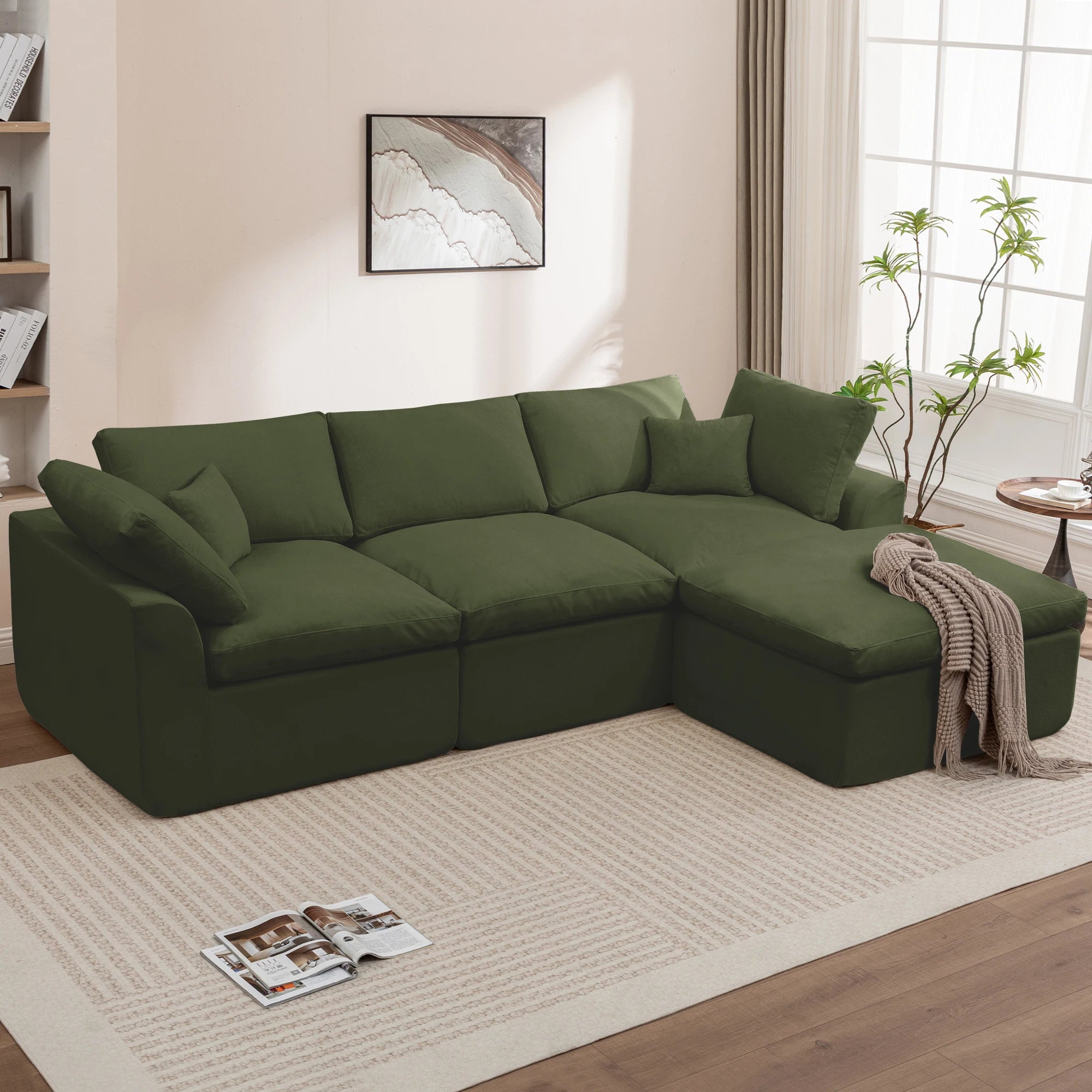 112 Inch Modular L-Shape Cloud Couch, Boneless Chenille Sectional Sofa with Spacious Deep Seats & Ottoman, Ready-To-Use Living Room Furniture