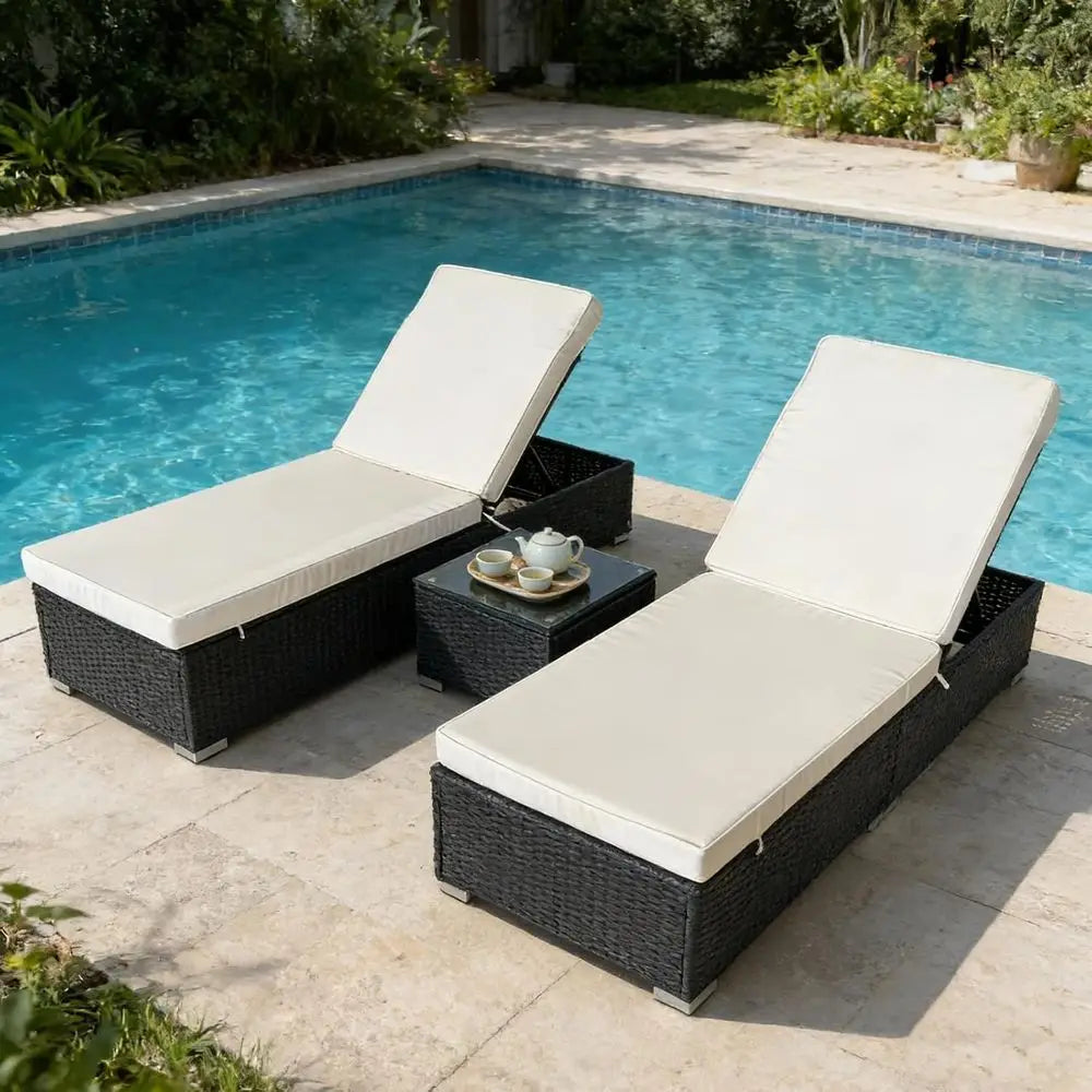 2-Piece Weather-Resistant Wicker Lounge Chair Set with Side Table & Adjustable Backrests – White