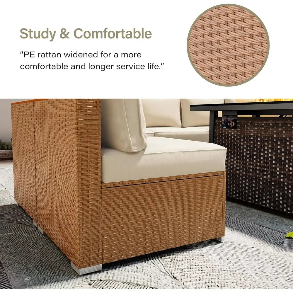 7-Piece Outdoor Patio Furniture Set: Sectional Sofa with Wicker Rattan and Cushions, Glass Table (Cream White)