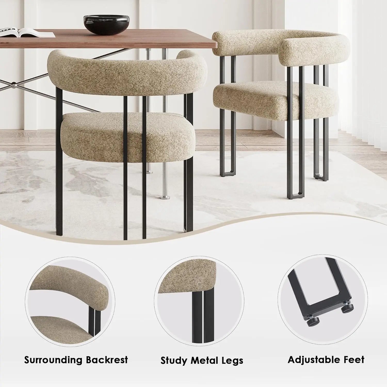 Set of 2 Upholstered Bouclé Dining Arm Chairs, Modern Accent Chairs with Cushioned Seat & Back, for Living Room
