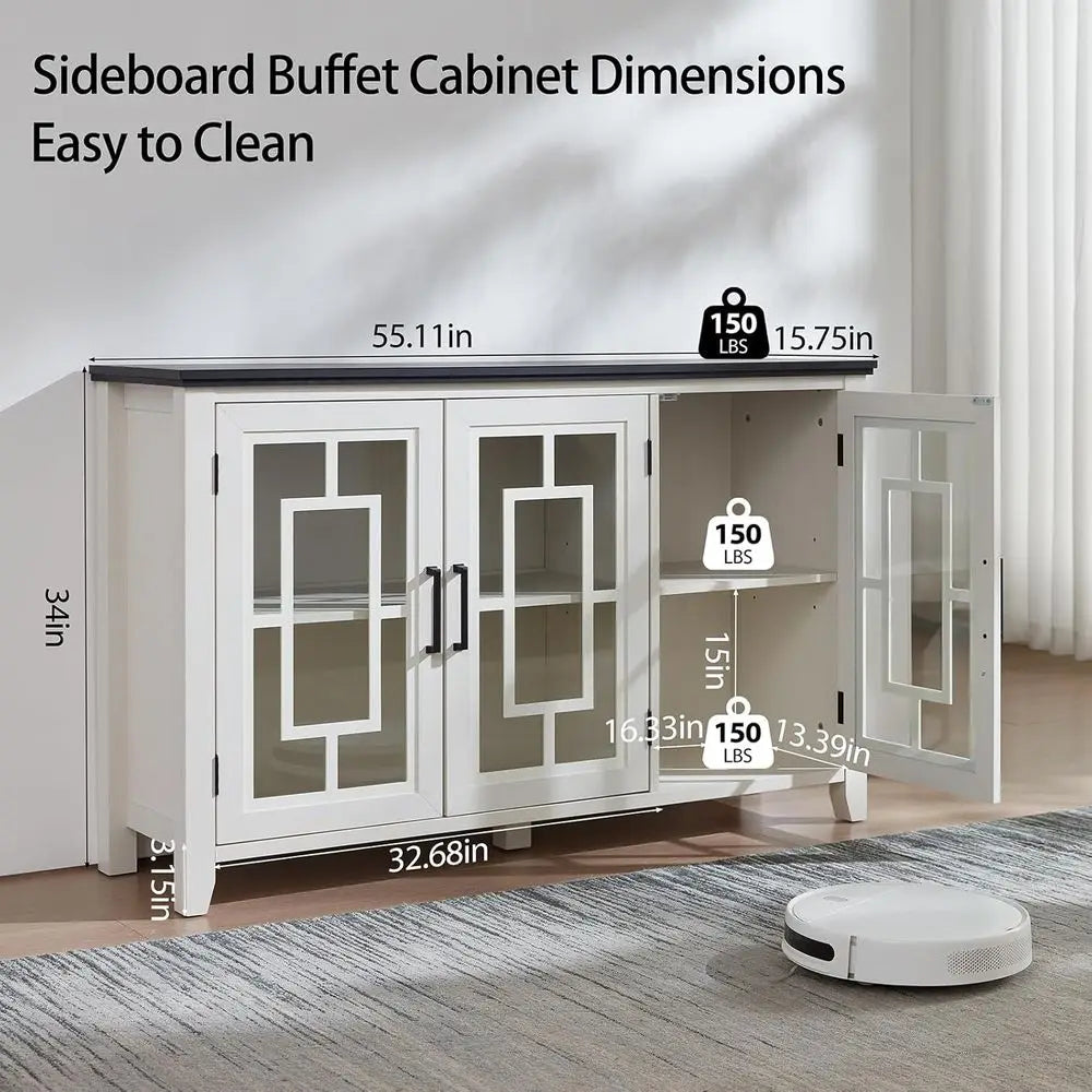 55 White Modern Sideboard Buffet Cabinet with Glass Door Storage for Kitchen, Dining, Living Room