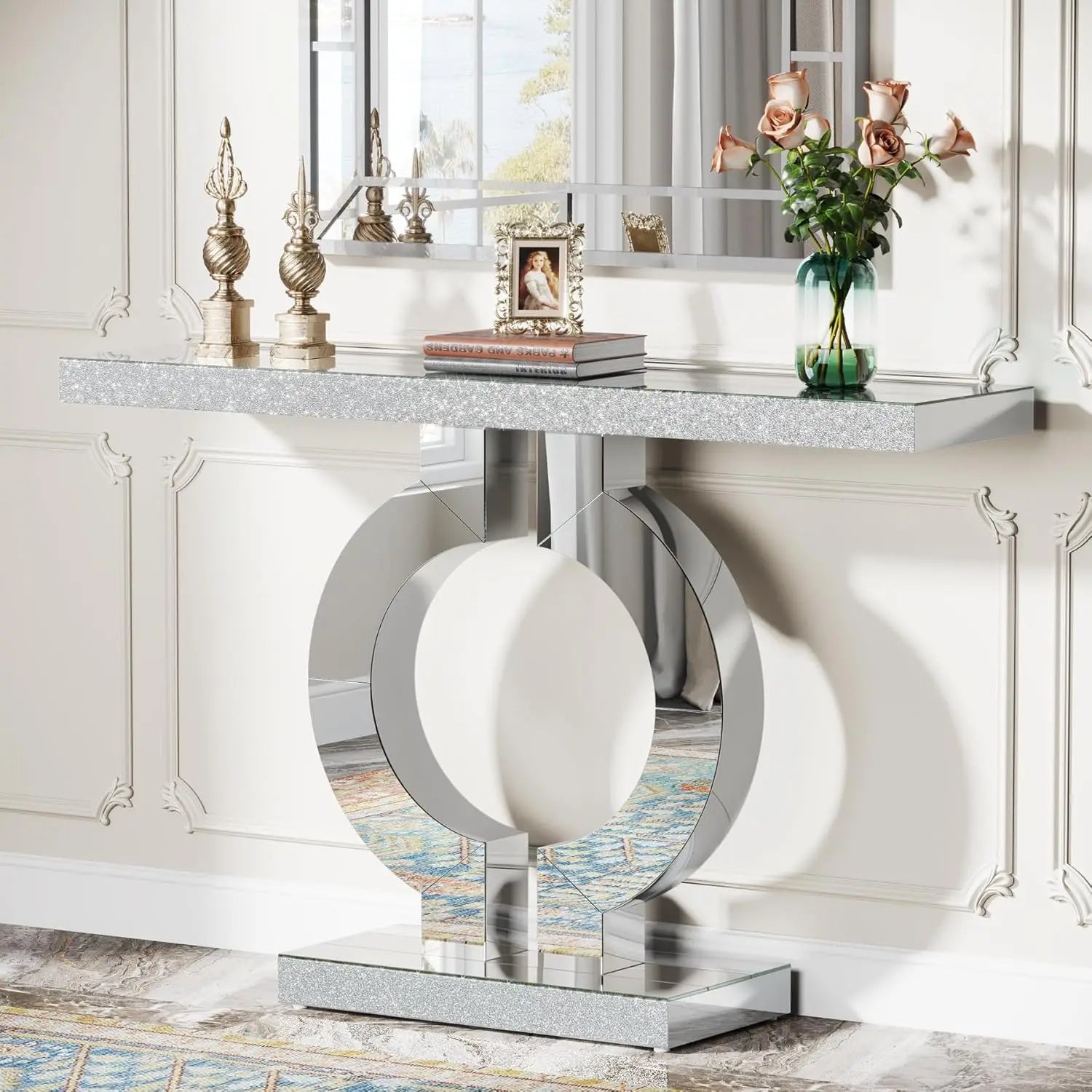 43.3-Inch (110Cm)Mirrored Console Table, Modern Entryway Table with Thickened Mirror Finish Tabletop