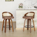 Set of 2 Swivel Bar Stools, Modern Wood Frame with Rattan Back, PU Leather Seat for Kitchen Counter, Bar Table