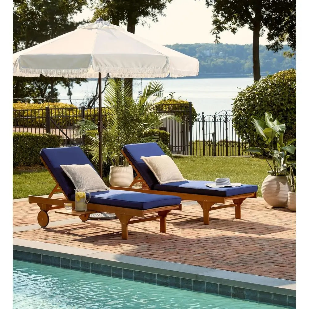 Navy Adjustable Chaise Lounge with Built-In Side Table and Natural Cushion