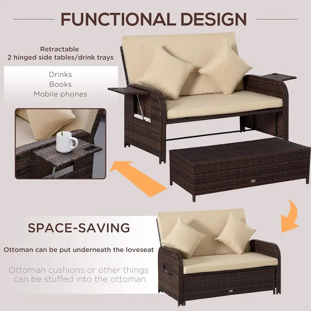 Beige Rattan Daybed with Cushions, Outdoor Wicker Lounge Bed Set, Ottoman, Coffee and Side Tables for Patio, Poolside
