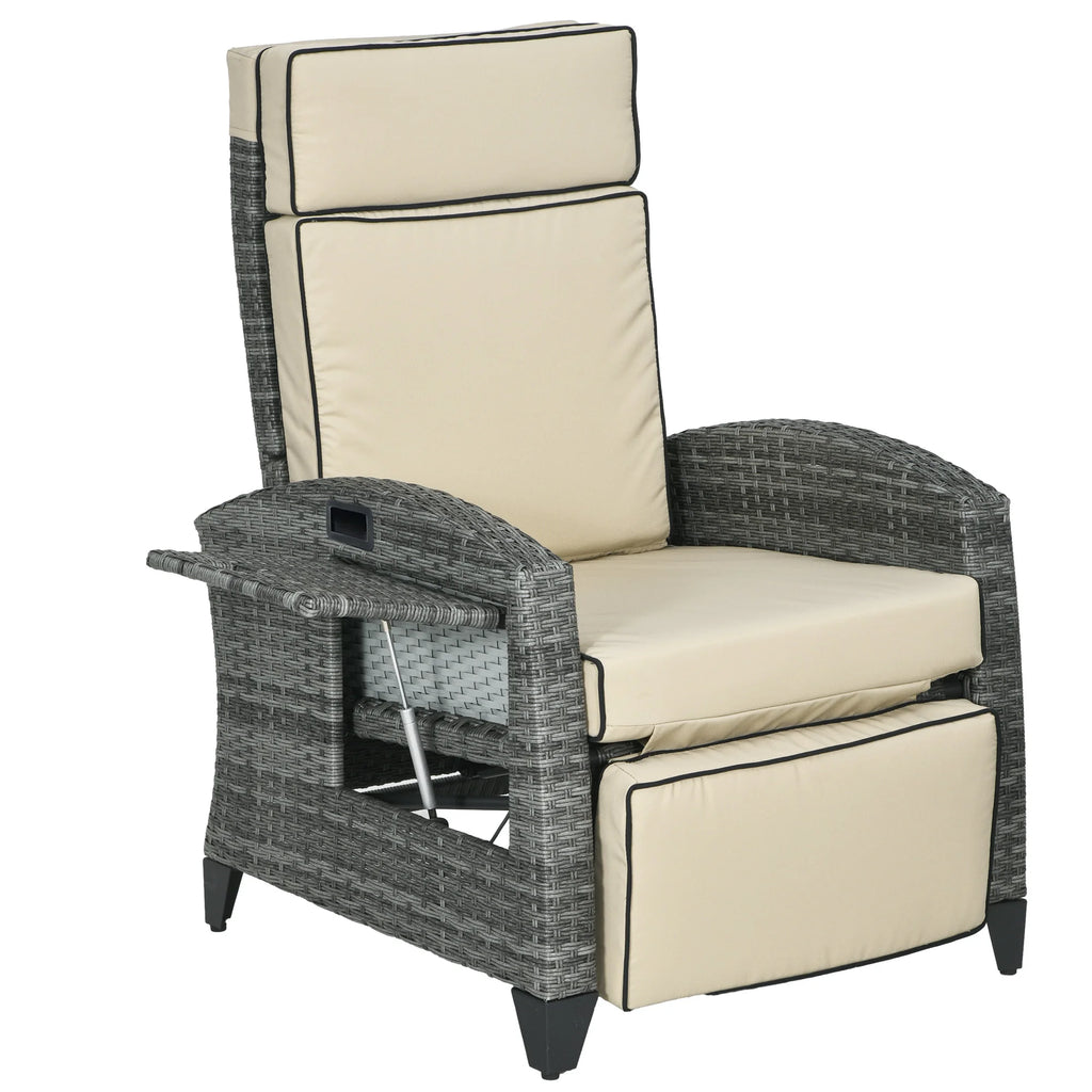 Outdoor Recliner Chair with Adjustable Backrest, Cushion, Khaki
