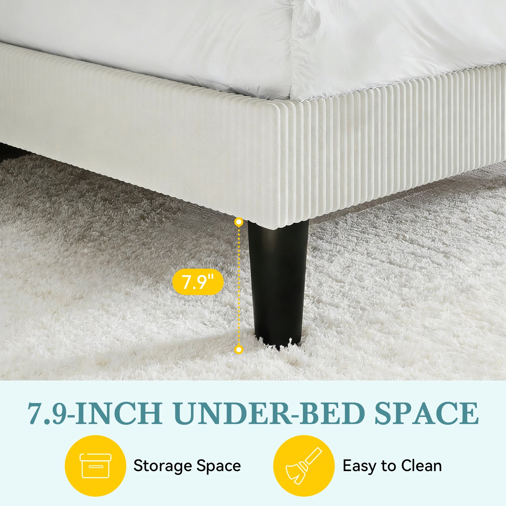 Corduroy Upholstered Platform Bed Frame, Wingback Channel Tufted Headboard, 8" Underbed Storage, No Box Spring Needed