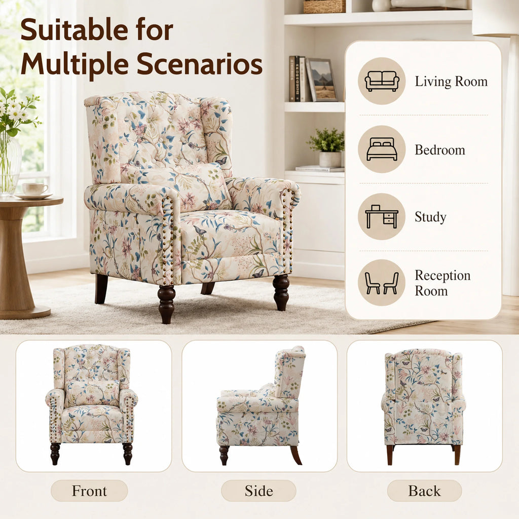 Vintage Floral Wingback Club Accent Chair with Arms Mid-Century Modern Armchair Fabric Upholstered Mid Back Single Sofa Chair for Home