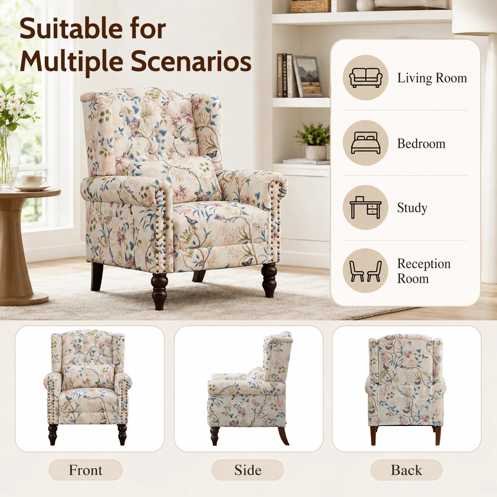 Vintage Floral Wingback Club Accent Chair with Arms Mid-Century Modern Armchair Fabric Upholstered Mid Back Single Sofa Chair for Home