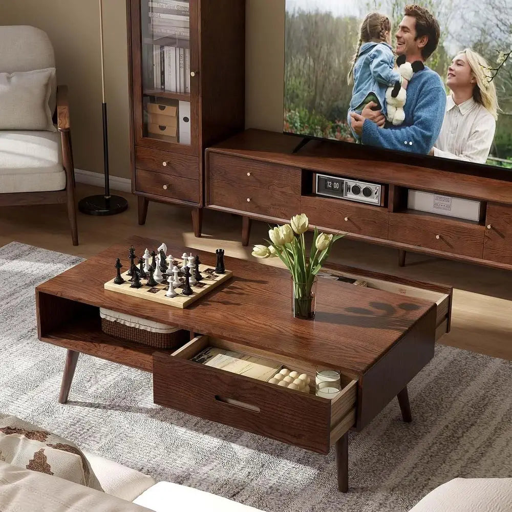 100% North American AS-grade oak Solid Oak Coffee Table with Storage Shelf & 2 Drawers – Modern Living Room Furniture in Oak Walnut Finish