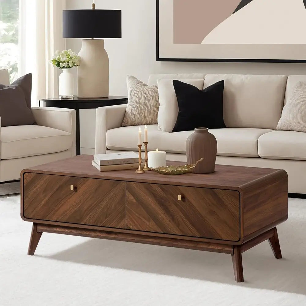 47" Mid-Century Modern Coffee Table with Storage & Live Edge Wood Design