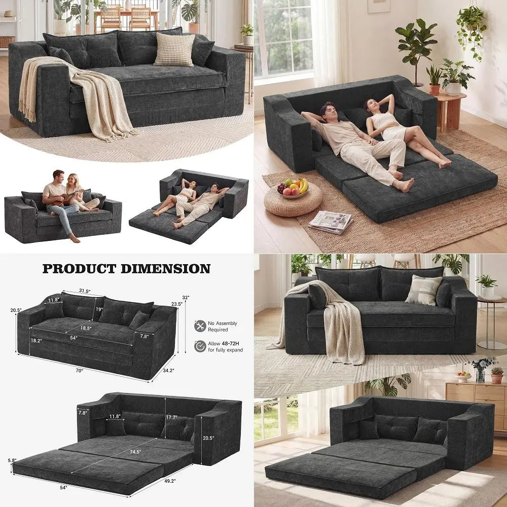 70 Oversized Loveseat Sofa Couch, 3 in 1 Boneless Couch with 4 Pillows, Convertible Sofa Bed Pull Out Couch for Living Room Apa