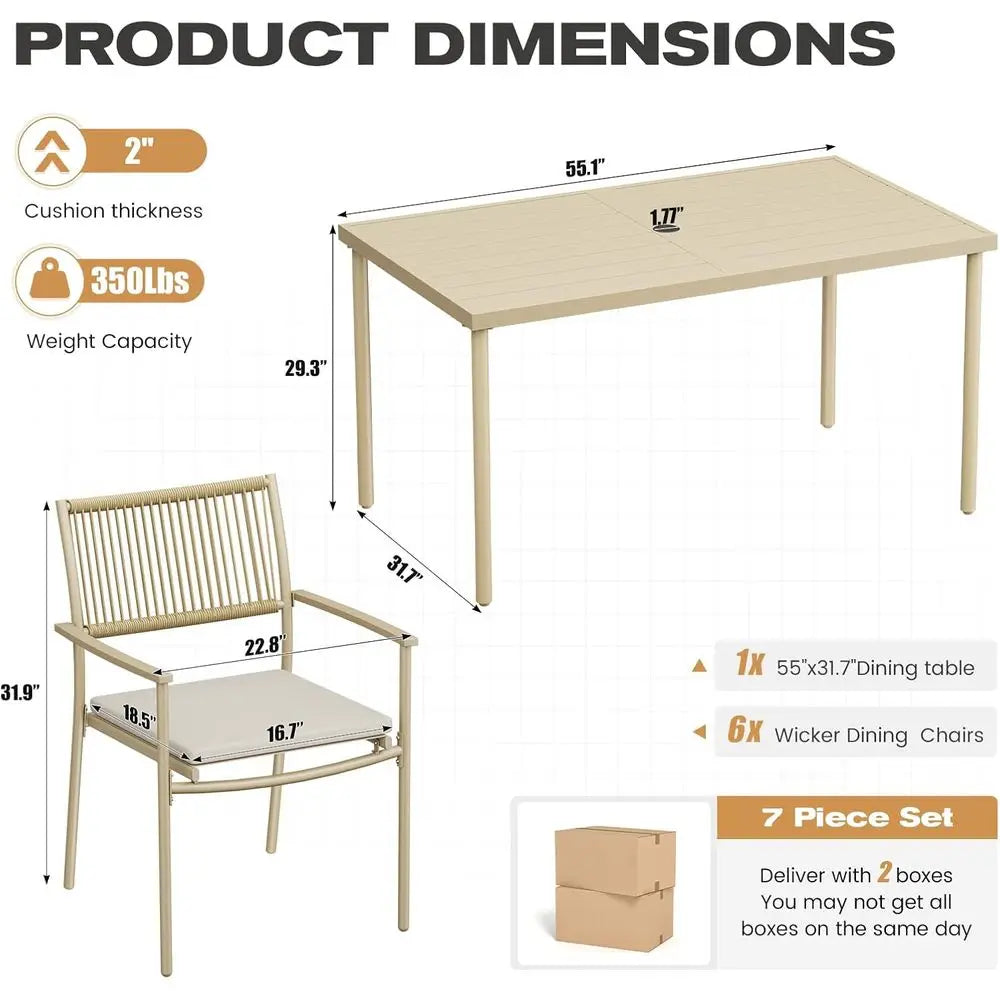 7-Piece Outdoor Dining Set with Wicker Patio Table & 6 Rattan Chairs – Beige