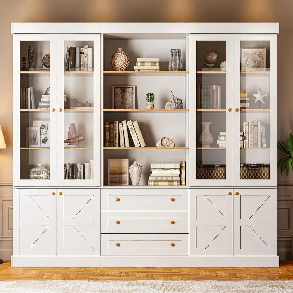 71 High Glass-Door Tall Bookcase, 3-Piece Set, Adjustable Shelves, Ideal for Living Room or Kitchen, White