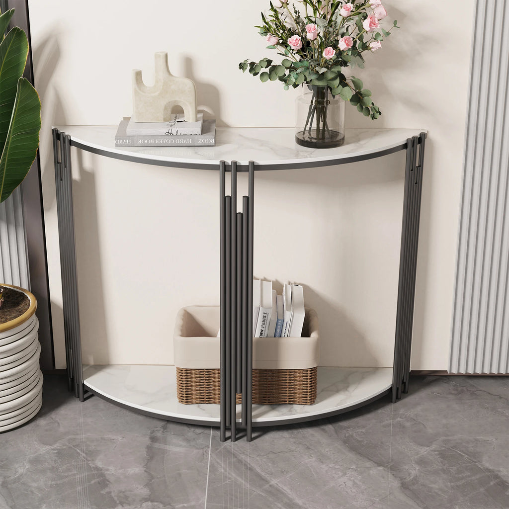 Half Moon Tiered Real Marble Entry Console Table Hallway Entryway Furniture for Entrance, Home Living Room