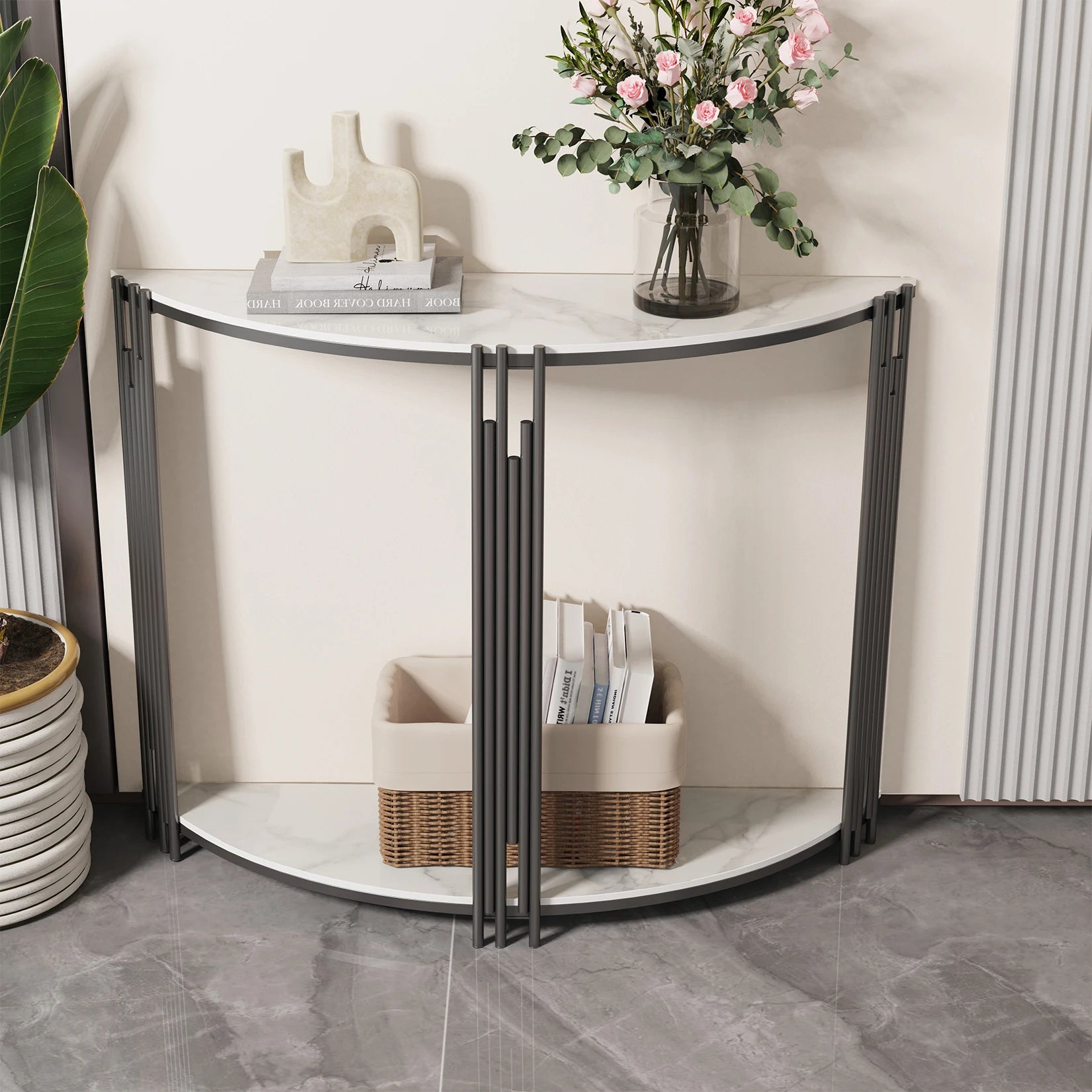 Half Moon Tiered Real Marble Entry Console Table Hallway Entryway Furniture for Entrance, Home Living Room