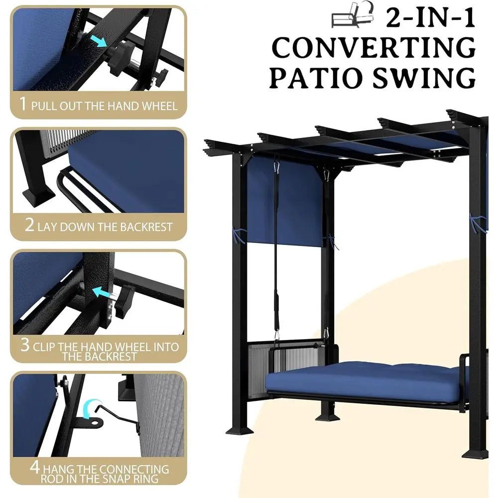 3-Seat Outdoor Metal Swing Bed with Cushion and Adjustable Curtains, Convertible Patio or Porch Swing Chair, Ideal for Backyard