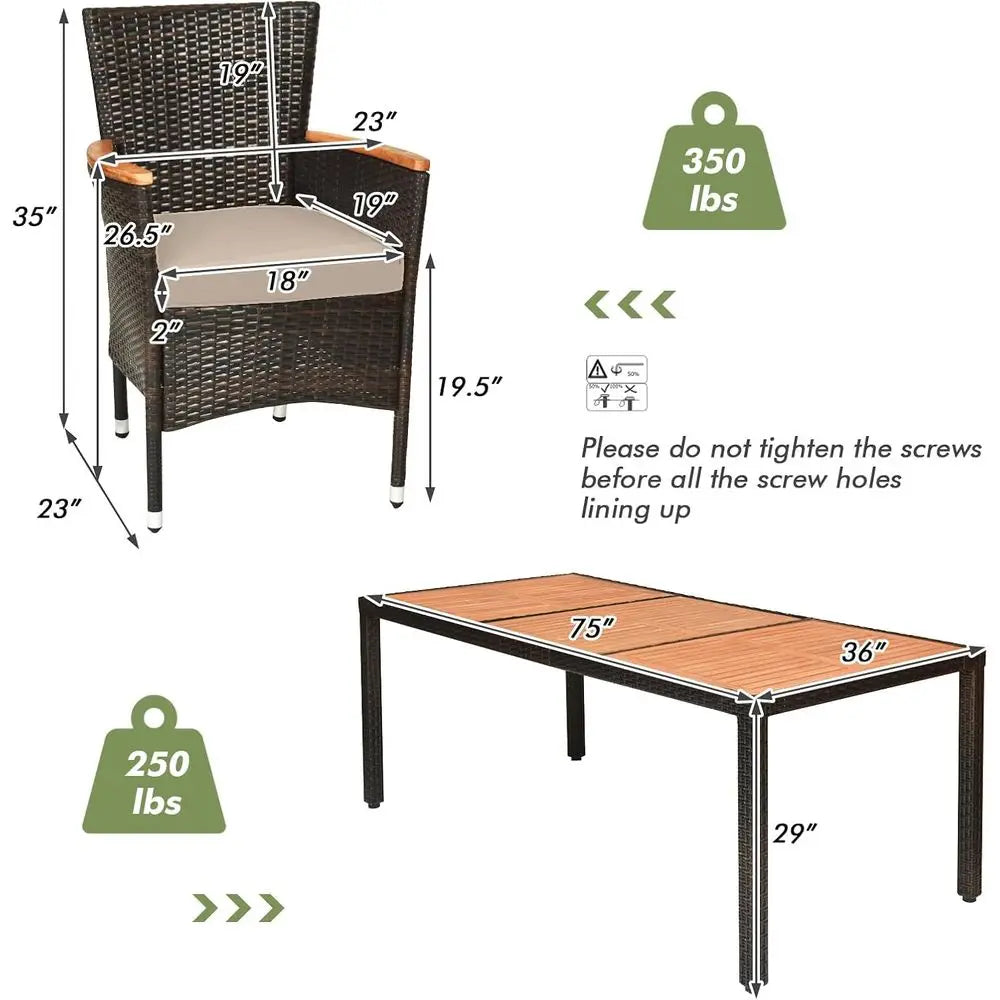 9-Piece Brown Wicker Patio Dining Set with Acacia Wood Table