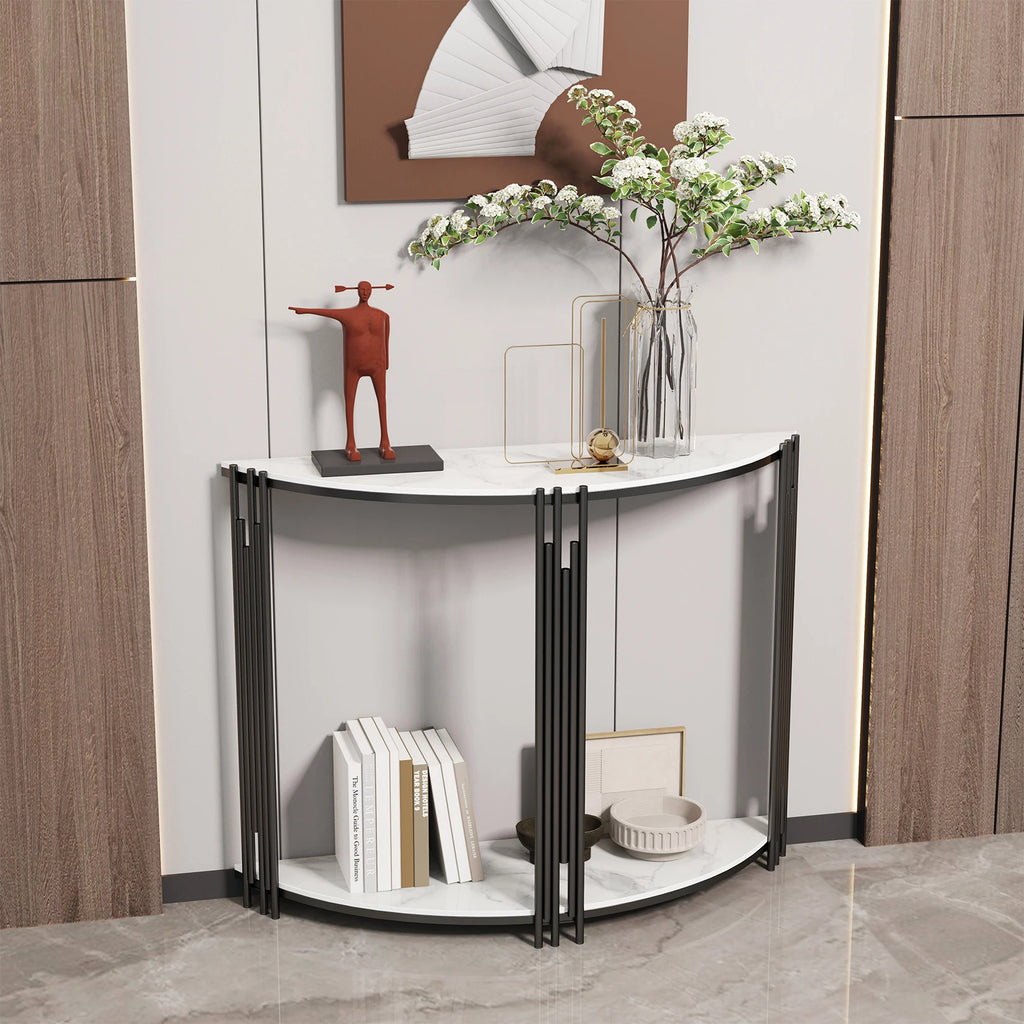 Half Moon Tiered Real Marble Entry Console Table Hallway Entryway Furniture for Entrance, Home Living Room