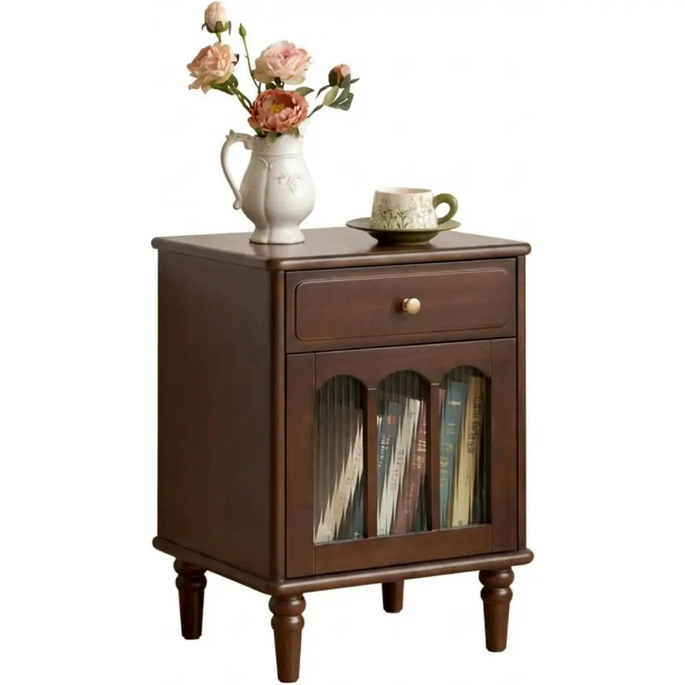 Solid Walnut Nightstand with Drawer & Glass Door – Vintage Bedroom Side Table