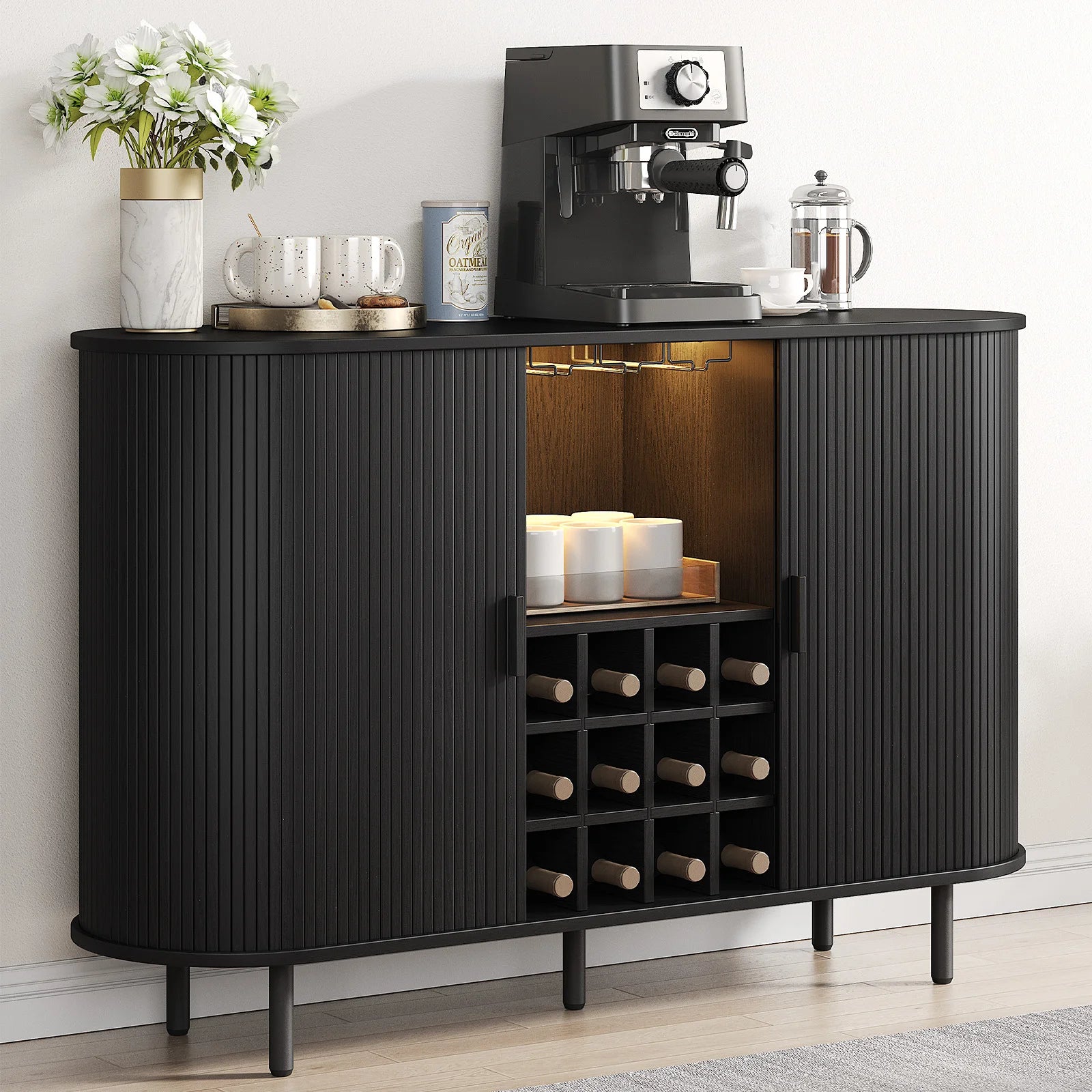 Wine Bar Cabinet W/ LED Light,Liquor Cabinet for Home,Coffee Bar Cabinet W/ Wine Rack & Glass Holder,Walnut Buffet Sideboard