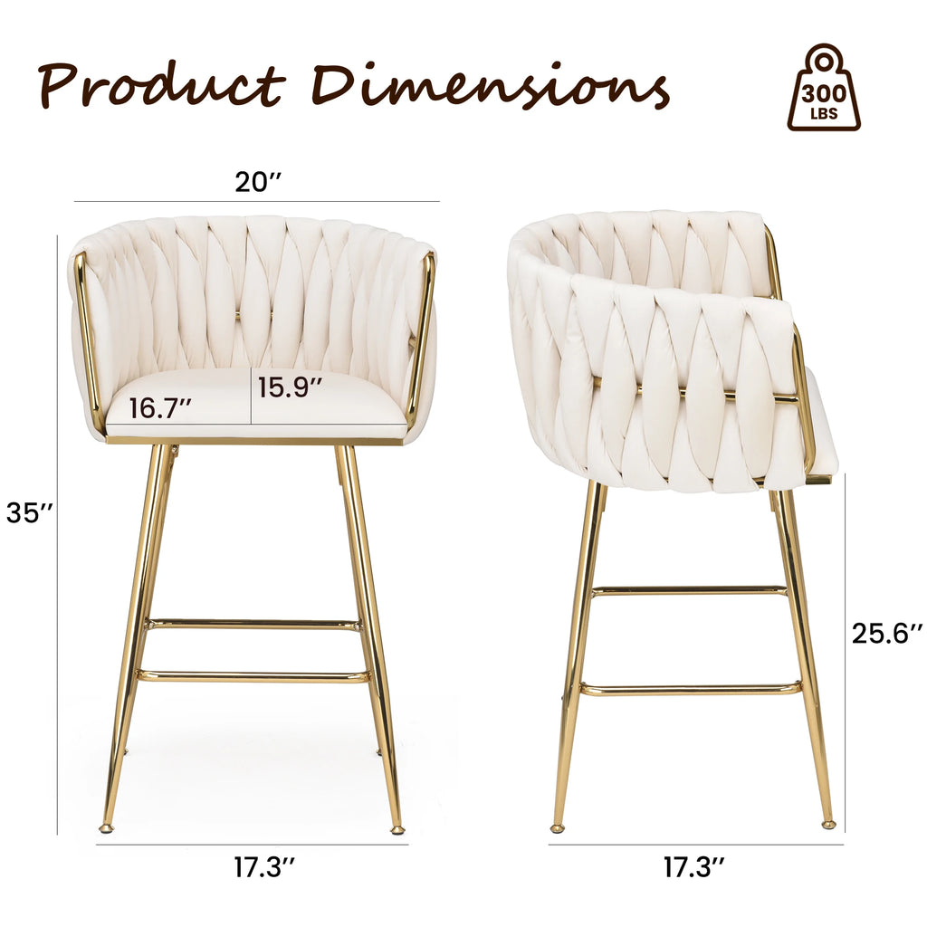 Set of 2 26" Bar Stools, Modern Mid-Century Kitchen Stools with Back, Metal Legs, for Kitchen, Dining Room
