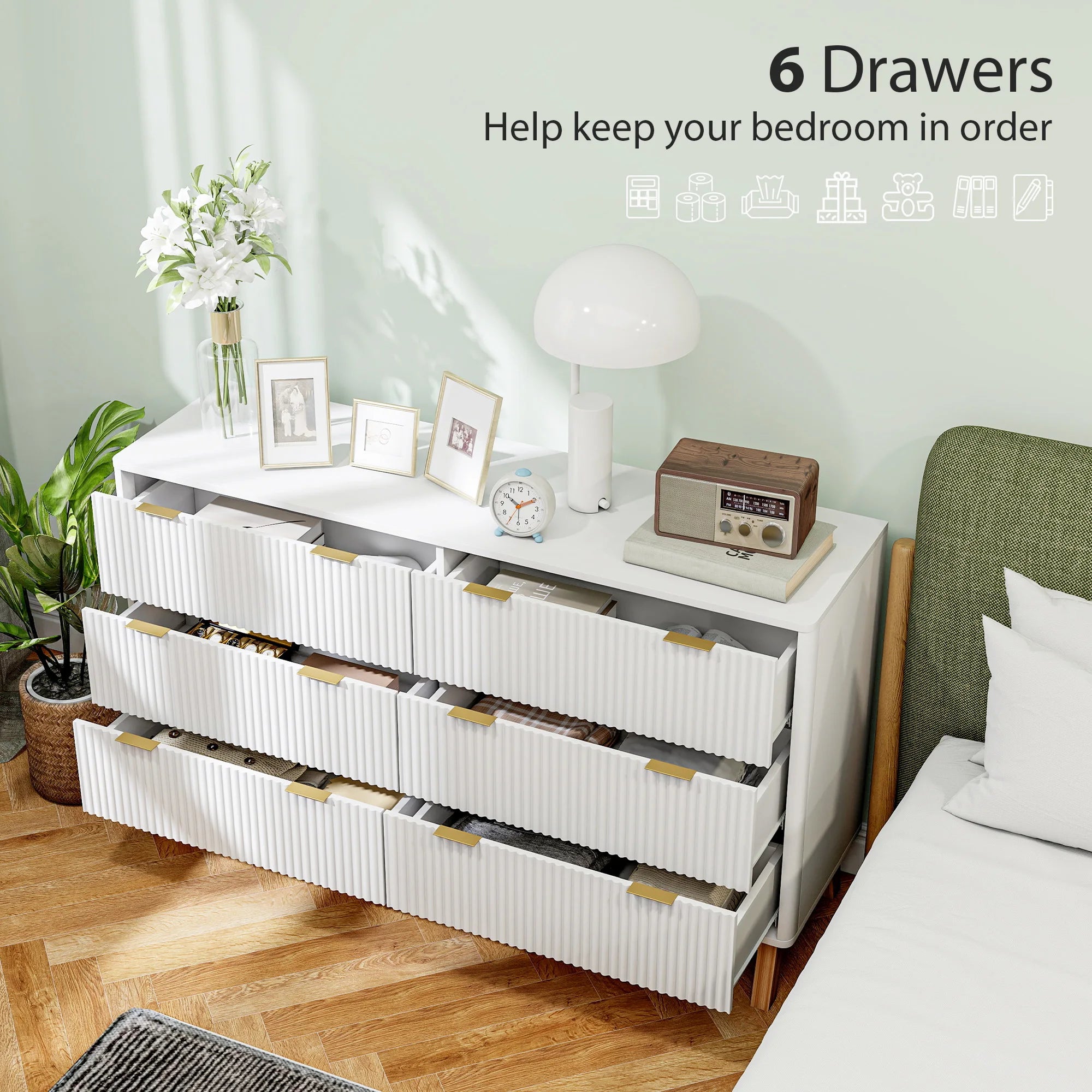 Fluted Dresser for Bedroom with 6 Drawers, 54" Wide Chest of Drawers with Gold Finger Pulls and 5 Wood Legs, White